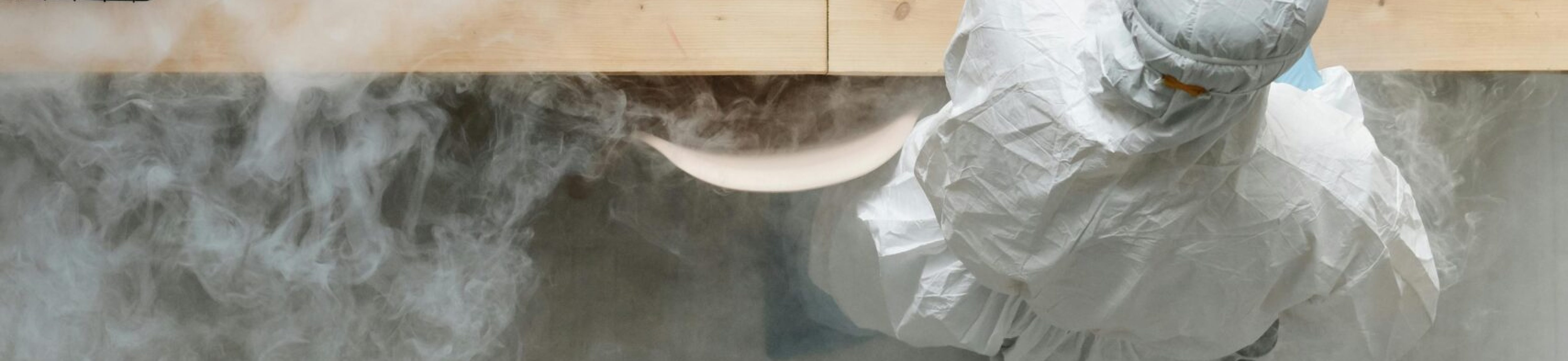 A person in protective gear sanitizing an office desk using fumigation equipment during daytime.